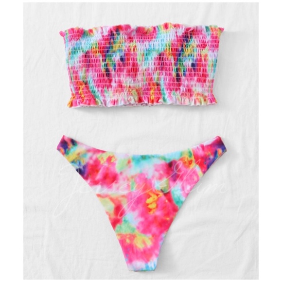 Other - Bright Multi Color Tie Dye Smocked Bandeau Bikini